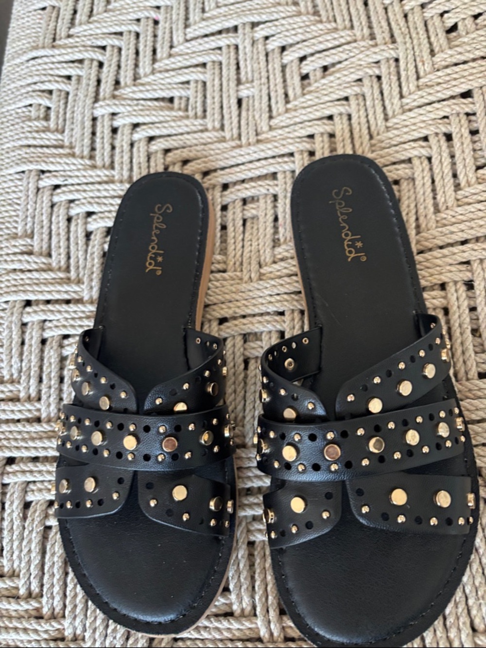 Splendid Black Slide Sandals with Gold Stud Accents